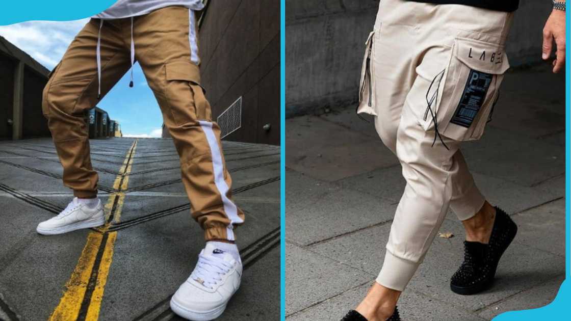 Men wearing street-style cargo pants Men wearing street-style cargo pants