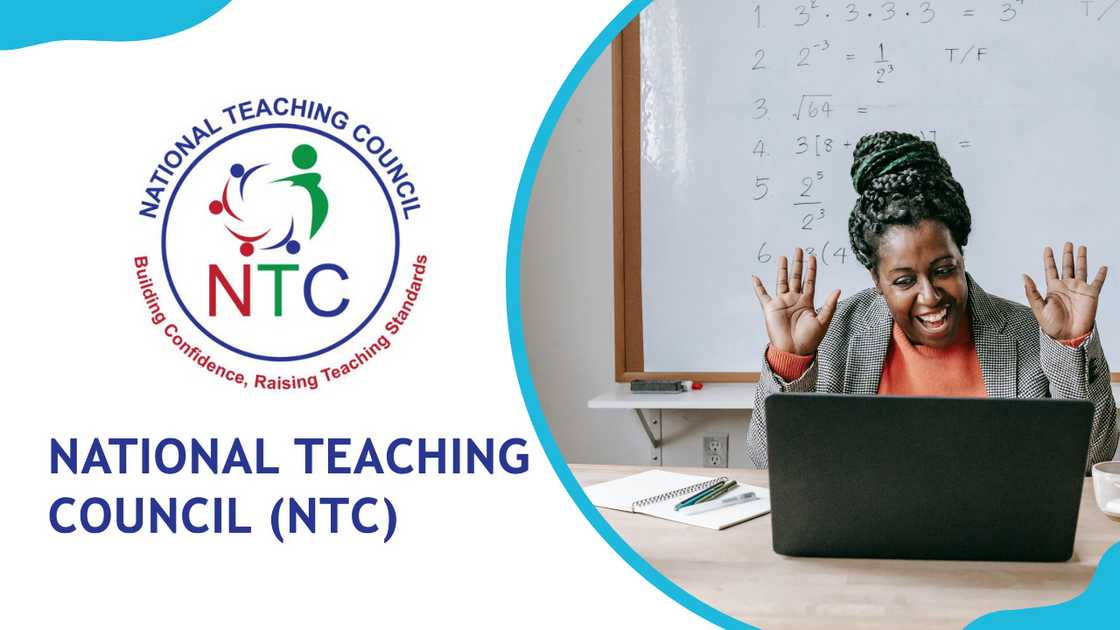 The NTC logo and a teacher using a laptop for online work