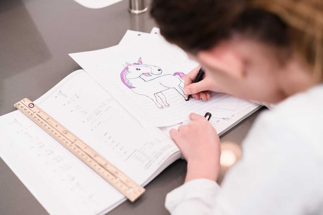 A young girl drawing a unicorn on a paper A young girl drawing a unicorn on a paper
