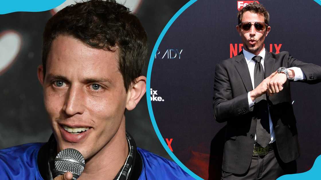 Tony Hinchcliffe at The Ice House Comedy Club (L). Hinchcliffe at Netflix Is A Joke Fest's "The Greatest Roast Of All Time: Tom Brady" (R).