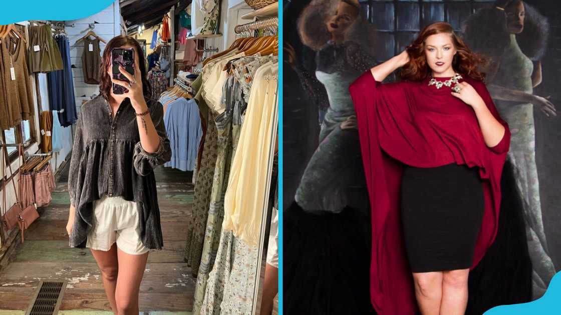 Two women in black and maroon high-low tops Two women in black and maroon high-low tops