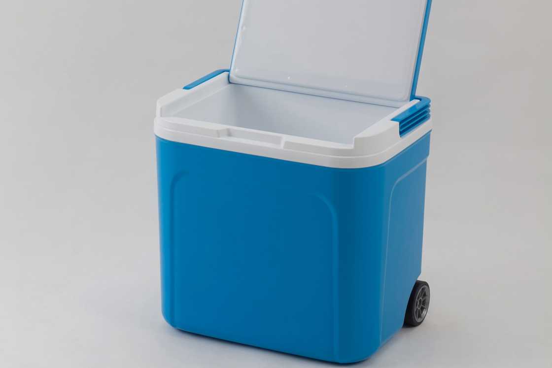A blue icebox with black wheels and a handle A blue icebox with black wheels and a handle