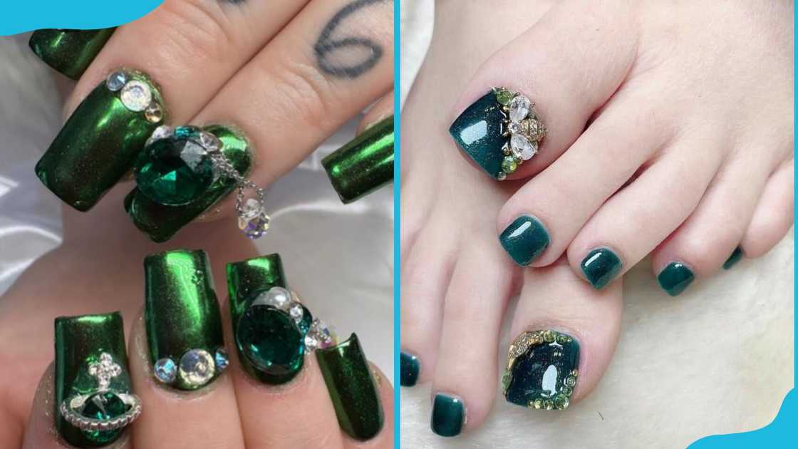 Emerald-green rhinestone nails Emerald-green rhinestone nails