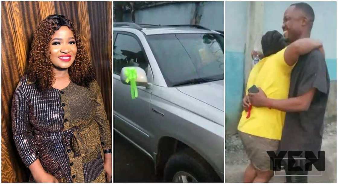 Favour hugs her husband passionately after receiving the gift of the Highlander Jeep. Favour hugs her husband passionately after receiving the gift of the Highlander Jeep.