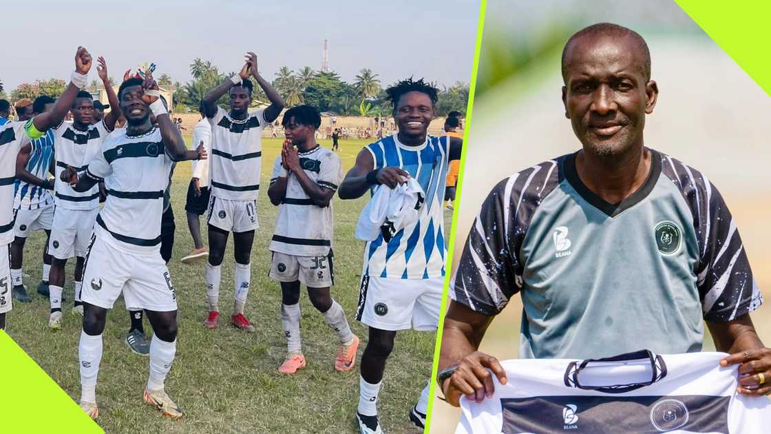 Swedru All Blacks Coach Prince George Koffie has set a lofty target of returning to the Ghana Premier League after years in the lower tiers. Photo credit: @SwedruAllBlacksUnitedFootballClub. Swedru All Blacks Coach Prince George Koffie has set a lofty target of returning to the Ghana Premier League after years in the lower tiers. Photo credit: @SwedruAllBlacksUnitedFootballClub.