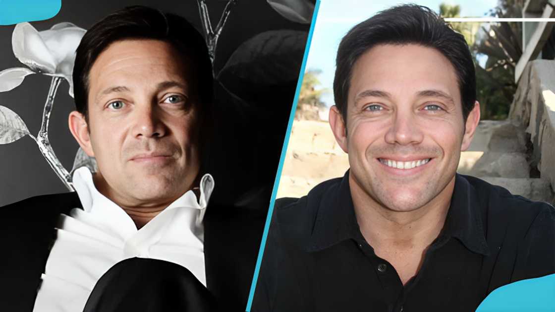 Jordan Belfort in a black and white suit and in a black shirt Jordan Belfort in a black and white suit and in a black shirt