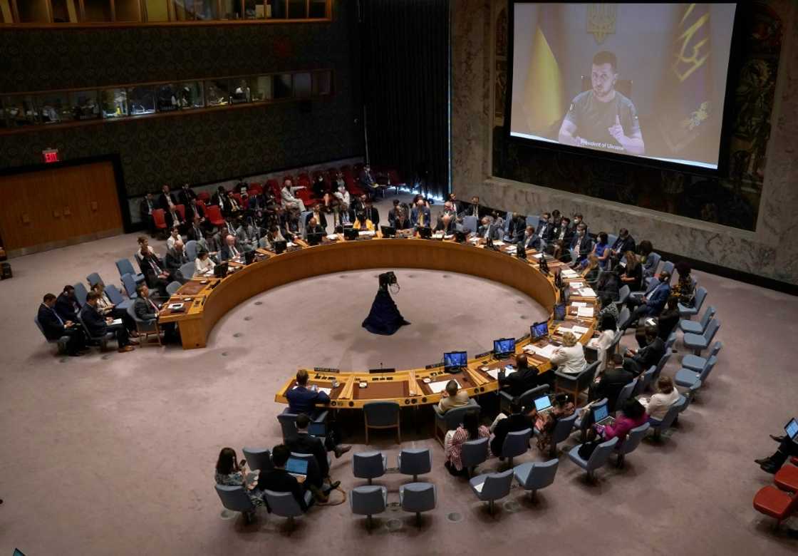 Ukrainian President Volodymyr Zelensky virtually addresses the UN Security Council on August 24, 2022 Ukrainian President Volodymyr Zelensky virtually addresses the UN Security Council on August 24, 2022