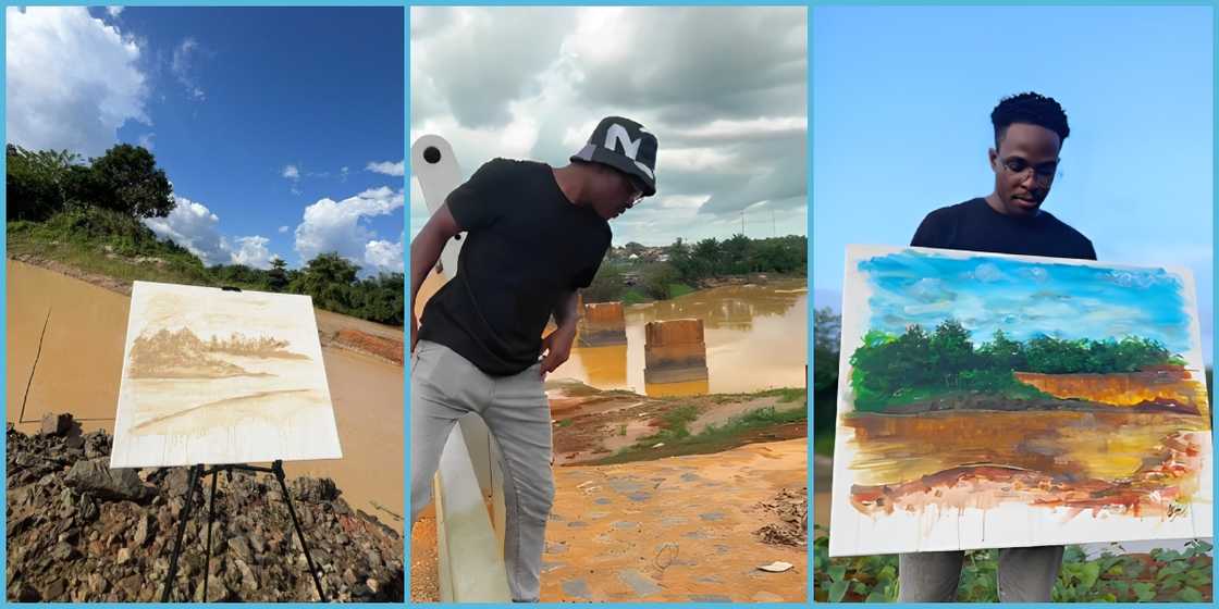 Ghanaian artist Enil Art visits Twifo Praso and uses the galamsey-polluted River Pra to paint.