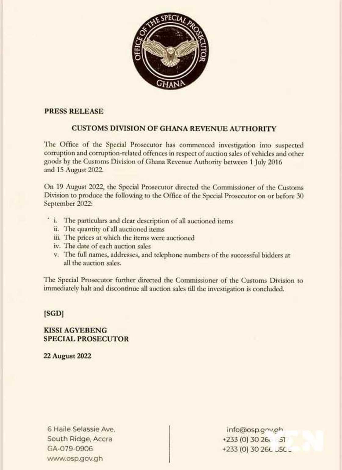 OSP probes all vehicle auctions by Customs from July 2016 to date OSP probes all vehicle auctions by Customs from July 2016 to date