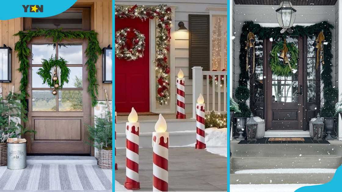 Potted evergreen arrangements (L), candy cane stripes (M), and a classic wreath and garland (R)