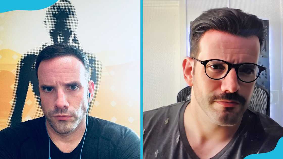 J. Michael Tatum is posing for photo (L). He is in an office (R)