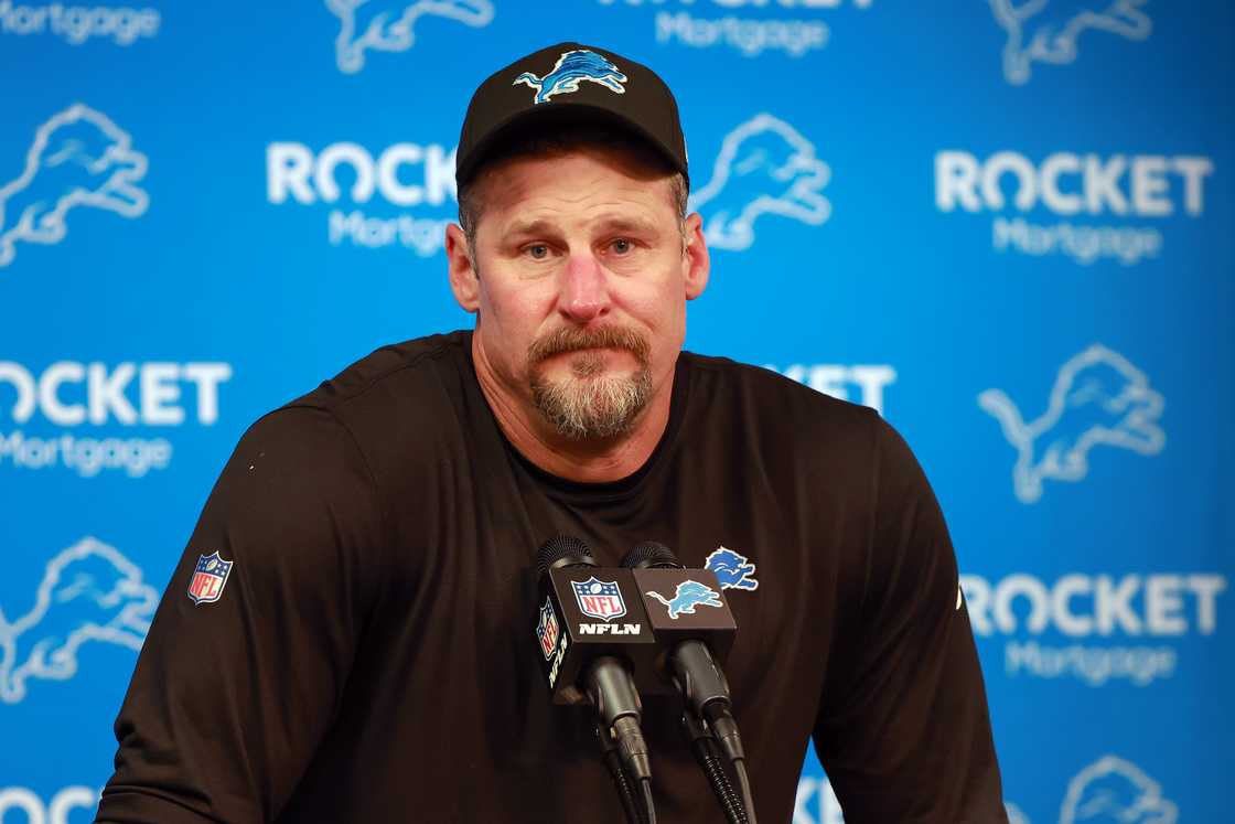 Dan Campbell answers questions in a press interview after a Lions loss in a game