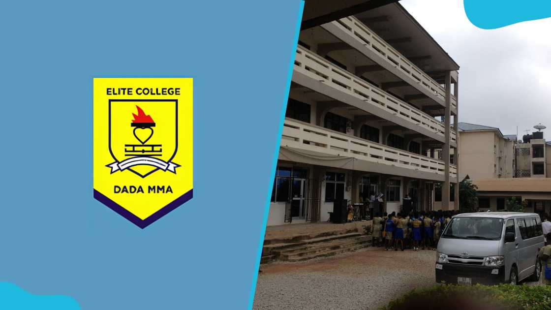 The logo of Elite College Ghana alongside students assembling in front of the school's premises.