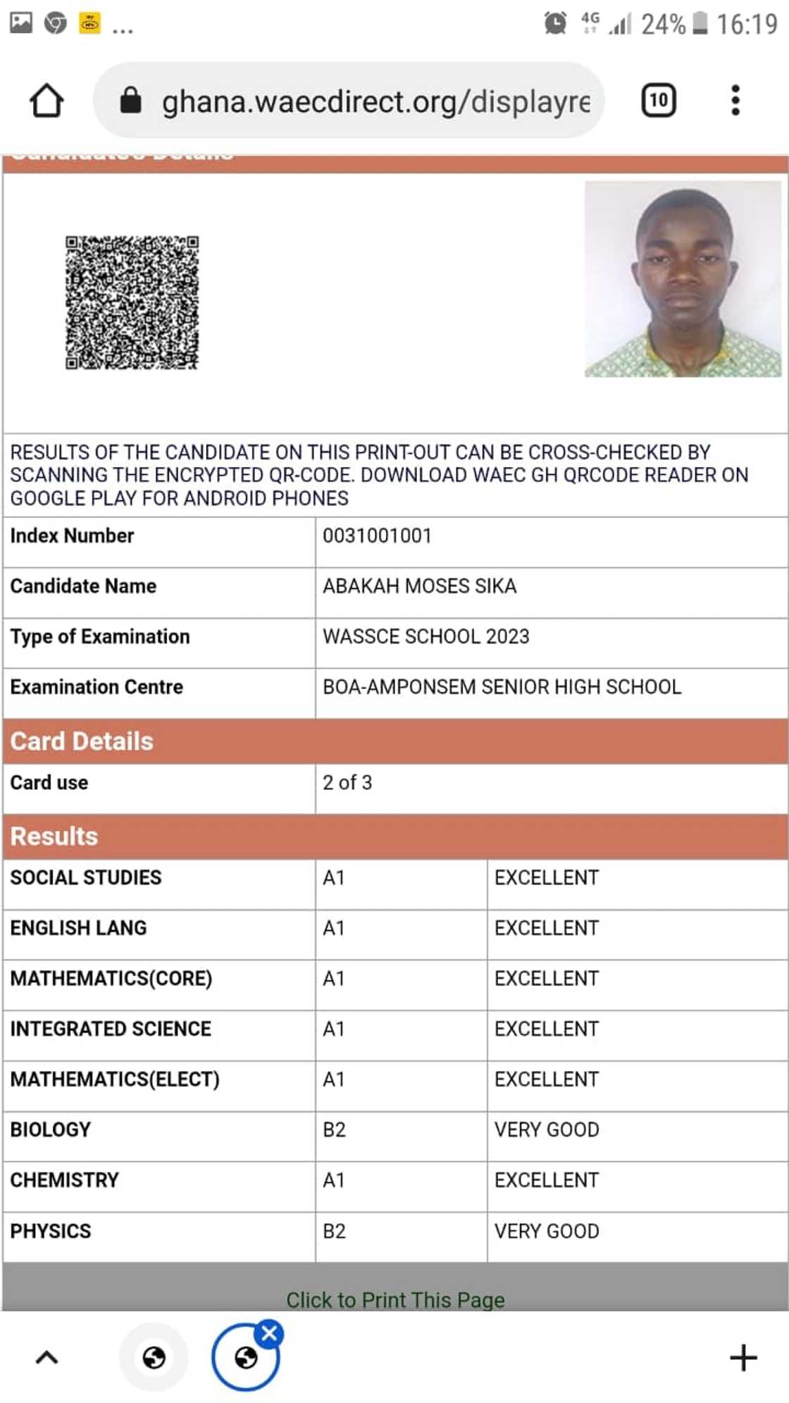 Photo of Abakah Moses Sika's WASSCE results. Photo of Abakah Moses Sika's WASSCE results.