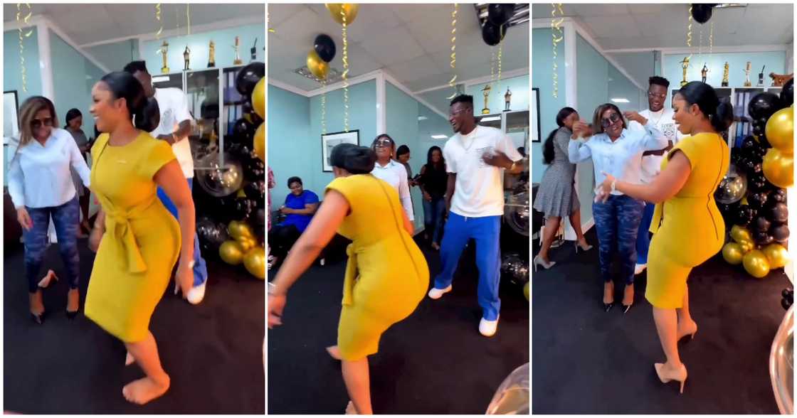 Serwaa Amihere, Nana Aba Anamoah, and Keche dance inside Bola Ray's office