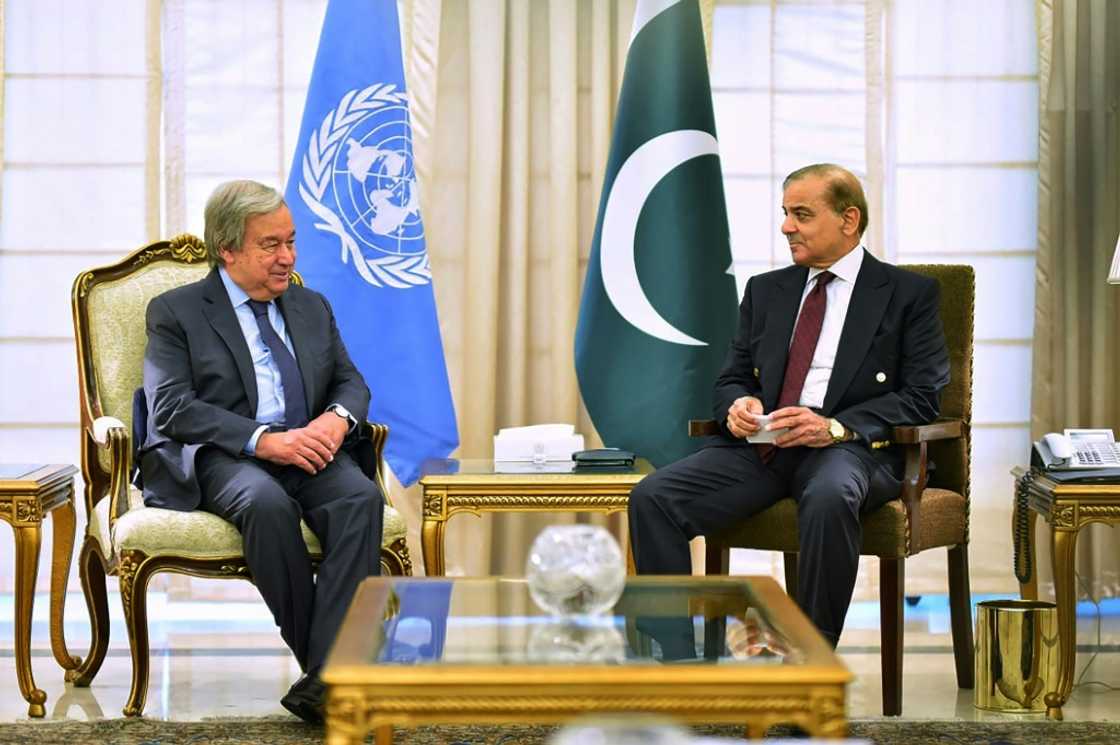 United Nations Secretary General Antonio Guterres (left) with Pakistan Prime Minister Shehbaz Sharif in a government handout photo United Nations Secretary General Antonio Guterres (left) with Pakistan Prime Minister Shehbaz Sharif in a government handout photo