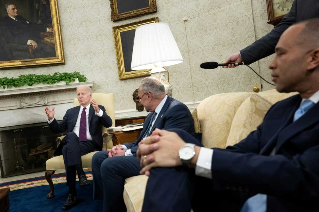 Biden was joined in the White House meeting by the top two Democratic lawmakers, Senate Majority Leader Chuck Schumer and House Minority Leader Hakeem Jeffries Biden was joined in the White House meeting by the top two Democratic lawmakers, Senate Majority Leader Chuck Schumer and House Minority Leader Hakeem Jeffries