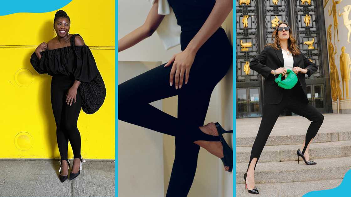 Three models showcase the stirrup pants. Three models showcase the stirrup pants.