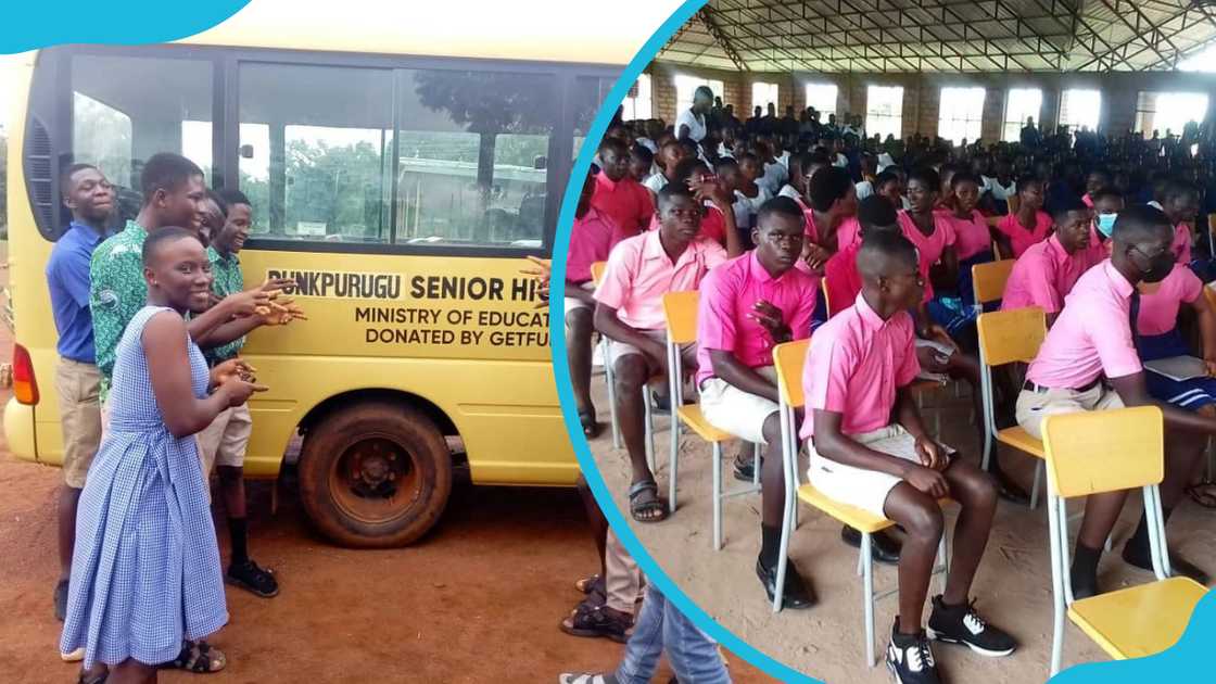 Bunkpurugu Senior High Technical School students smile in front of their school bus and others listen to a speech in the hall Bunkpurugu Senior High Technical School students smile in front of their school bus and others listen to a speech in the hall