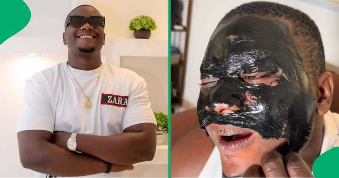 Man struggles to remove charcoal face mask.