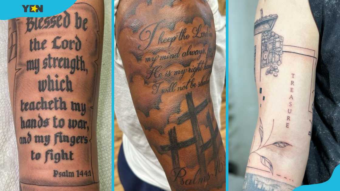 Psalms 14:1 (L), Psalm 144:1 (M) and Matthew 6:21(R) Bible verse for tattoos