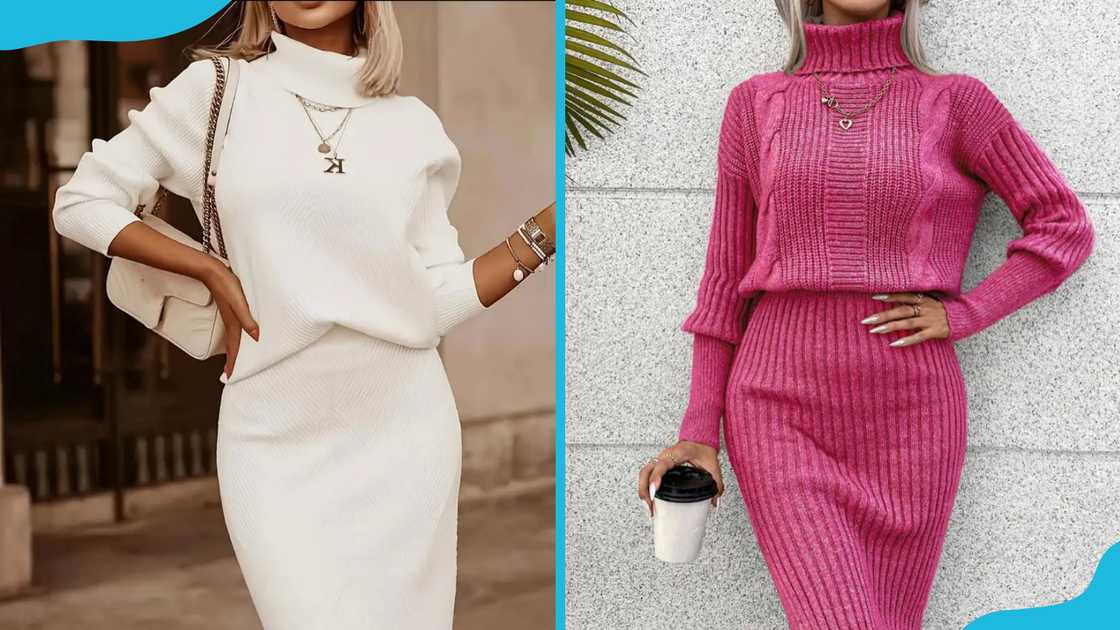 Two models showcase the knit turtleneck dress designs.