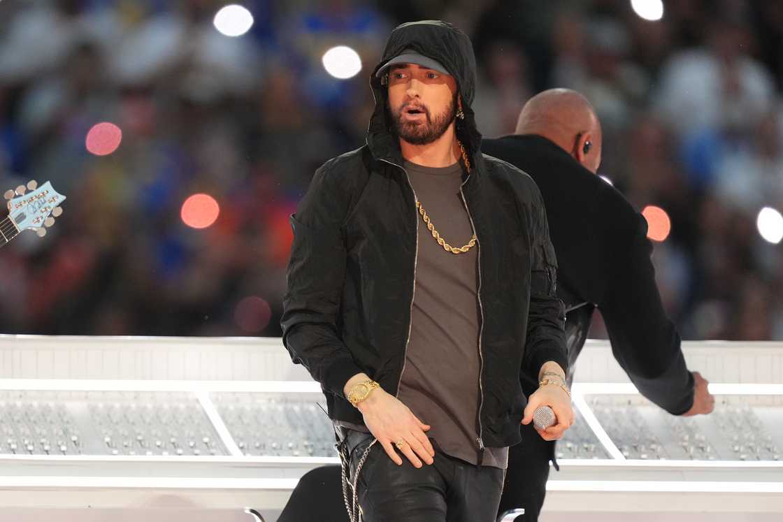 Eminem performs in the Pepsi Halftime Show during the NFL Super Bowl LVI football game Eminem performs in the Pepsi Halftime Show during the NFL Super Bowl LVI football game