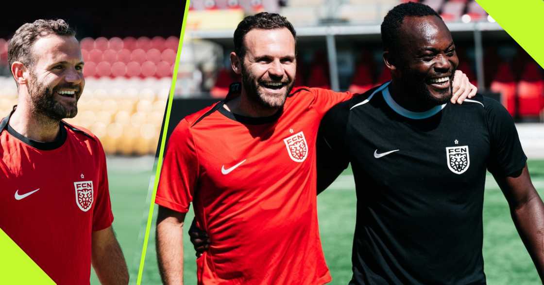 Ex-Chelsea players Michael Essien and Juan Mata. Ex-Chelsea players Michael Essien and Juan Mata.