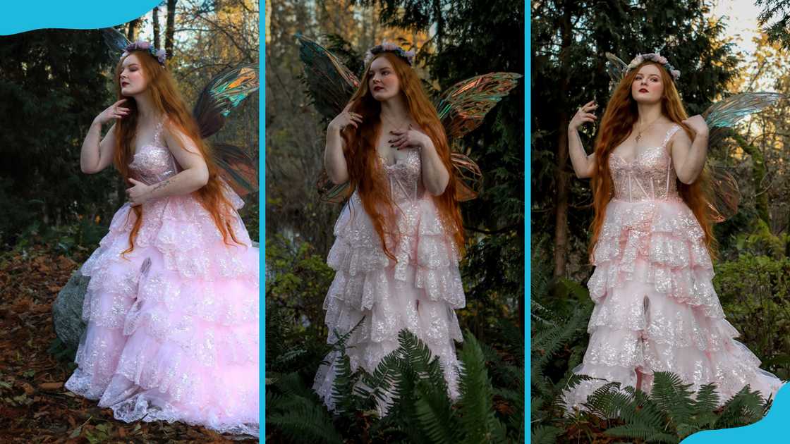 A model showcases a lavender themed fairy outfit. A model showcases a lavender themed fairy outfit.