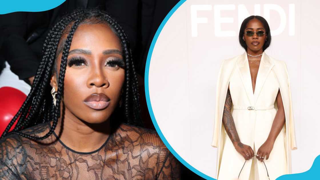 Tiwa Savage in a black mesh dress (L) and wearing a cream suit.