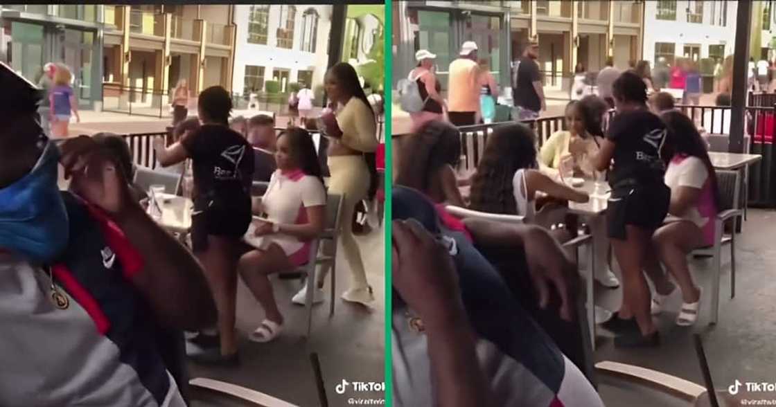 A Twitter video shows women trying to flee from paying their bills. A Twitter video shows women trying to flee from paying their bills.