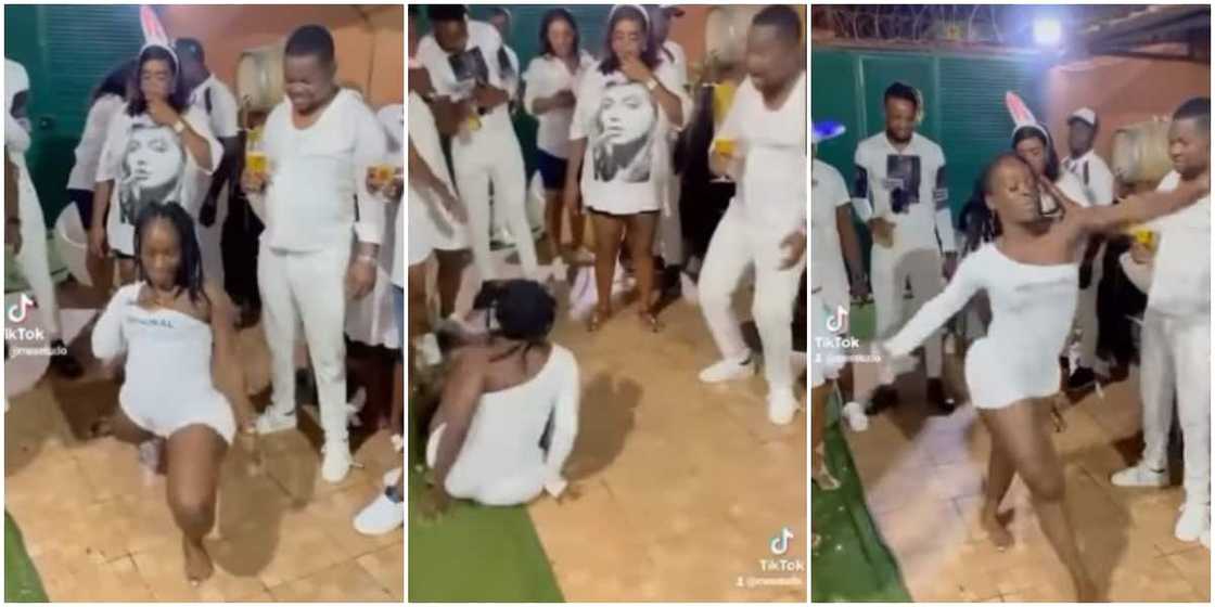 She needs help: Lady dances weirdly in front of people, lands on the floor twice in hilarious video, Nigerians react She needs help: Lady dances weirdly in front of people, lands on the floor twice in hilarious video, Nigerians react
