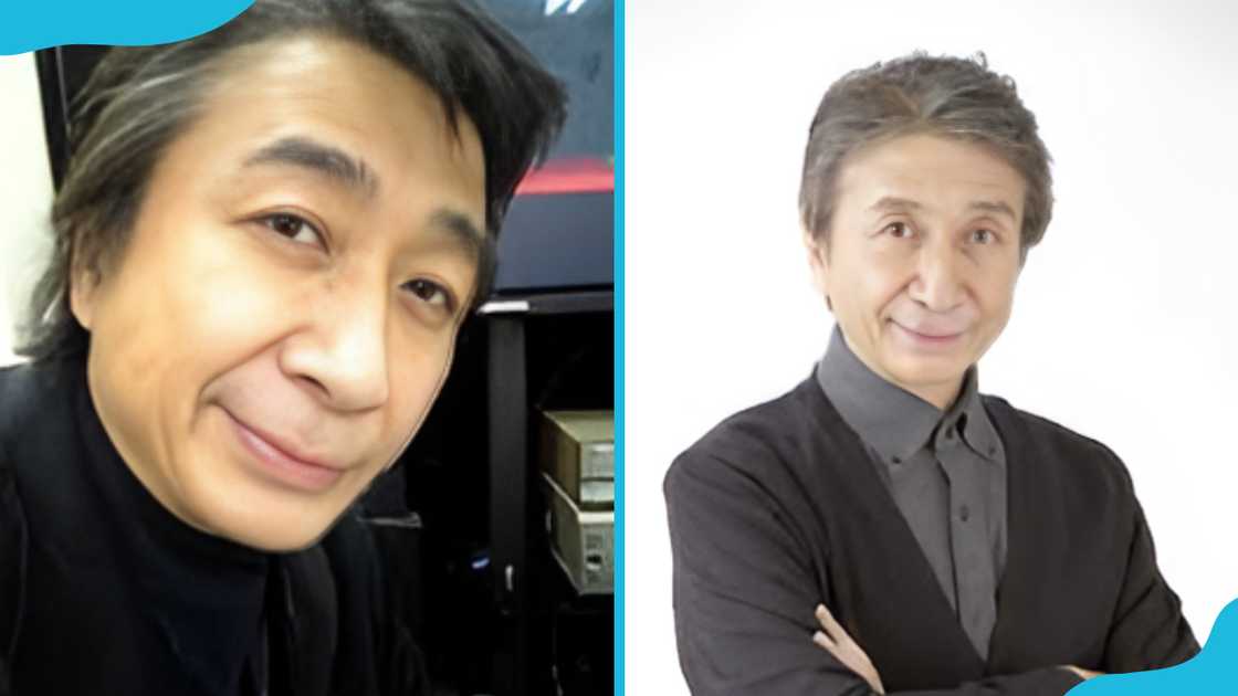 Shigeru Ushiyama is posing for a selfie (L). He is posing for a photo (R)