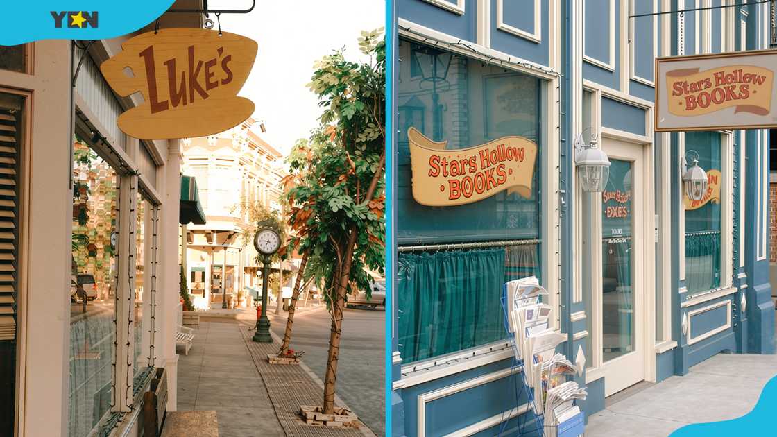 Luke's Diner (left) and the Stars Hollow Books (right) local bookstore in Gilmore Girls.