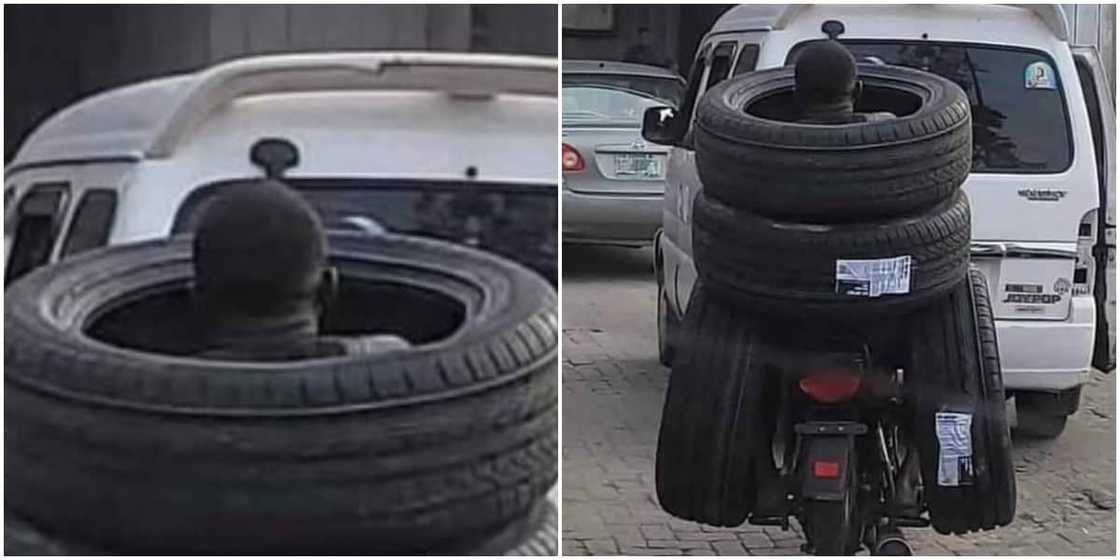 Wetin We no go See for Lagos? Nigerians React as Man Rides Motorcyle Carrying 4 Tyres Together Wetin We no go See for Lagos? Nigerians React as Man Rides Motorcyle Carrying 4 Tyres Together