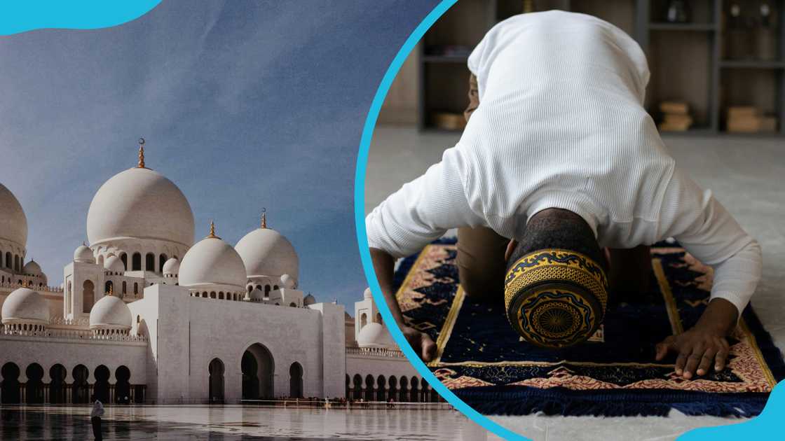 A white mosque under the blue sky and a Muslim man praying at home