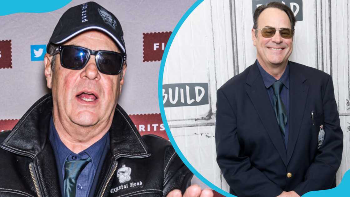 Dan Aykroyd in a cap and black shades in Philadelphia, Pennsylvania (L), poses for a photo in all-black attire.