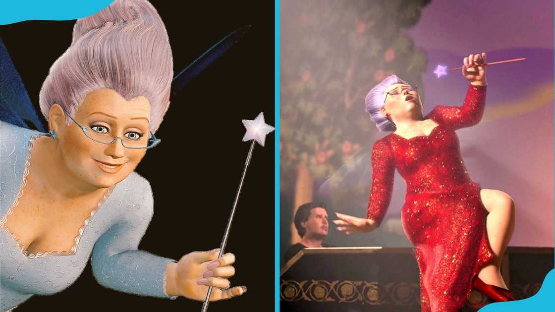 Fairy Godmother with a blue dress (L) and a red dress (R)