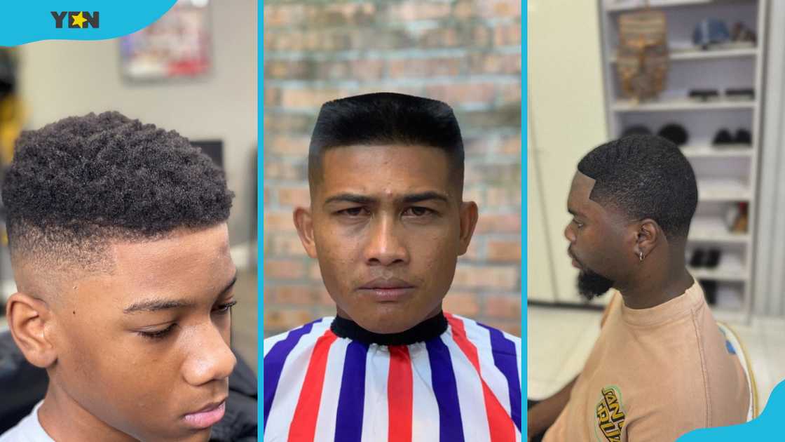 High fade (L), flat top (M), and taper fade (L) haircuts.