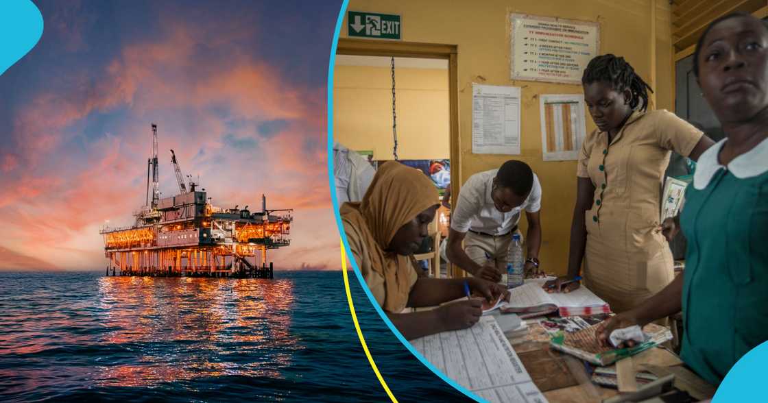 An oil rig and a group of Ghanaian nurses An oil rig and a group of Ghanaian nurses