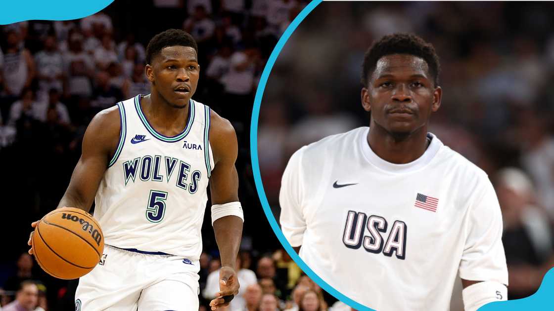 Anthony Edwards is a Minnesota Timberwolves jersey (L), and a USA team t-shirt (R). Anthony Edwards is a Minnesota Timberwolves jersey (L), and a USA team t-shirt (R).