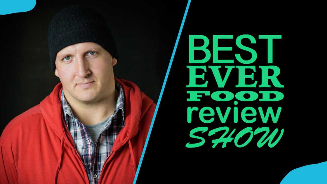 Will Sonbuchner, in a black knit cap and red hoodie (L), the “Best Ever Food Review Show” logo (R). Will Sonbuchner, in a black knit cap and red hoodie (L), the “Best Ever Food Review Show” logo (R).