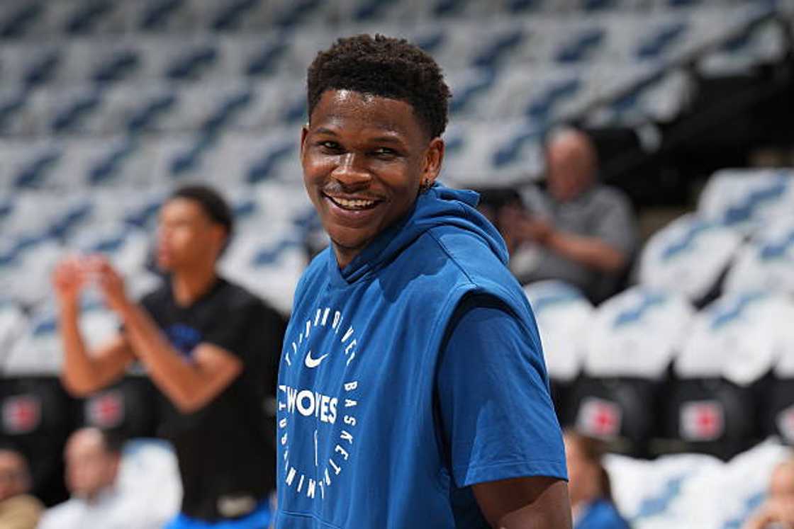 Anthony Edwards smiles during warm-up before the game Anthony Edwards smiles during warm-up before the game