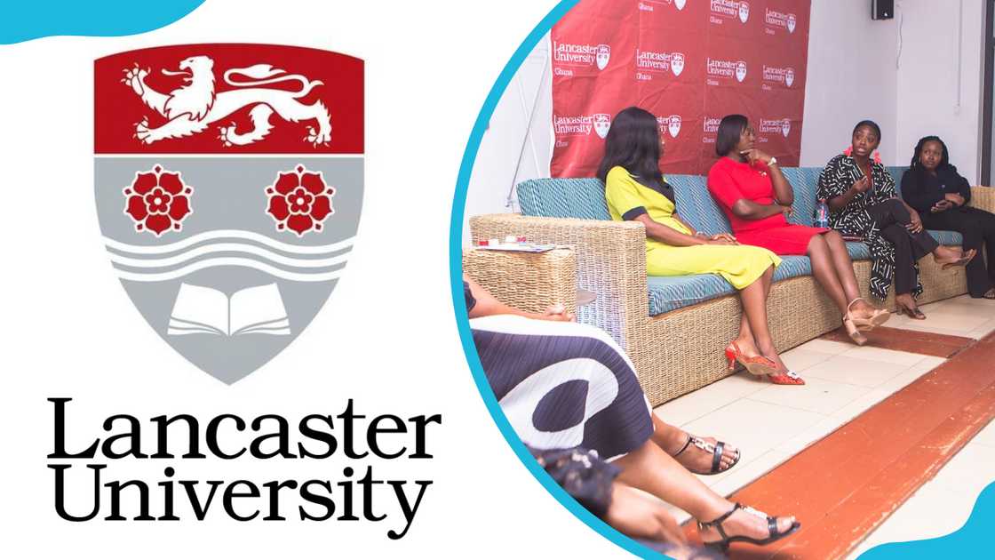 The Lancaster University Ghana logo and staff members having a conversation