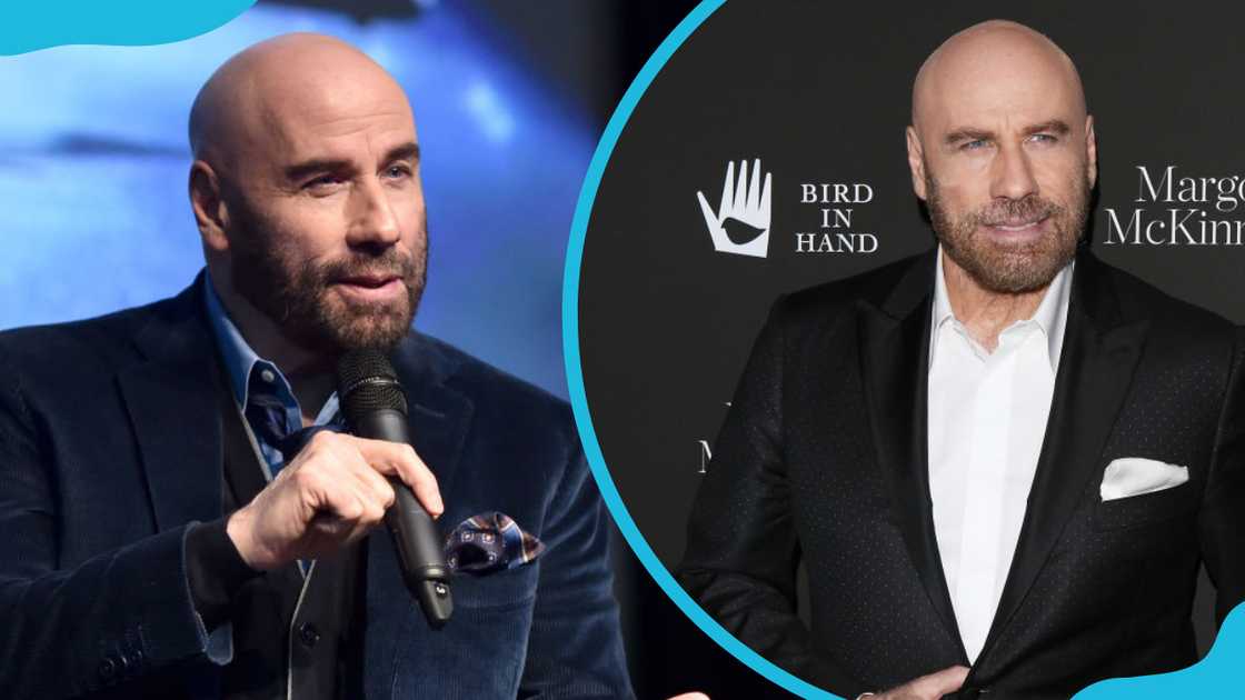 John Travolta in a navy blue blazer during an interview (L) and posing for a photo in a red carpet event. John Travolta in a navy blue blazer during an interview (L) and posing for a photo in a red carpet event.