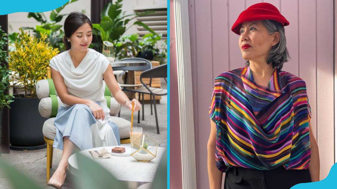 Women in white and patterned drape tops. Women in white and patterned drape tops.