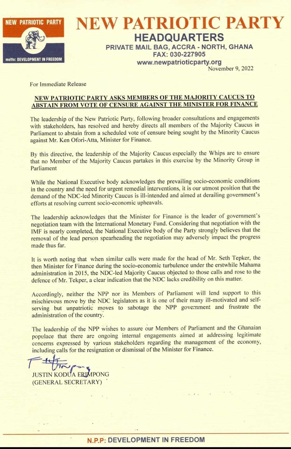 NPP statement directing Majority MPs to abstain from vote of censure NPP statement directing Majority MPs to abstain from vote of censure