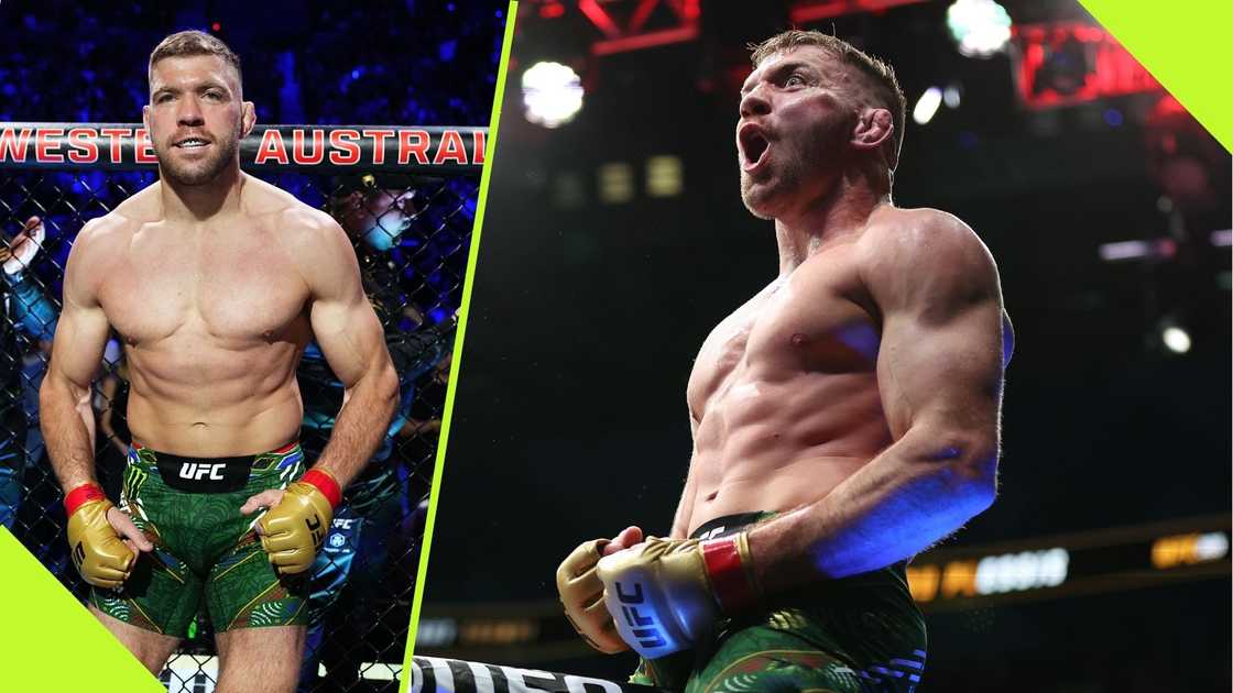 Dricus Du Plessis celebrates his victory. Dricus Du Plessis celebrates his victory.