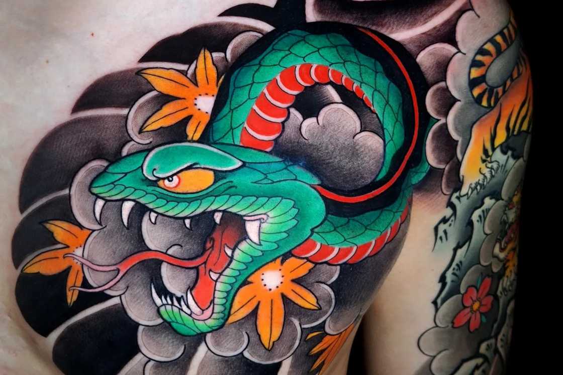 Upper arm and chest Japanese traditional snake tattoo Upper arm and chest Japanese traditional snake tattoo