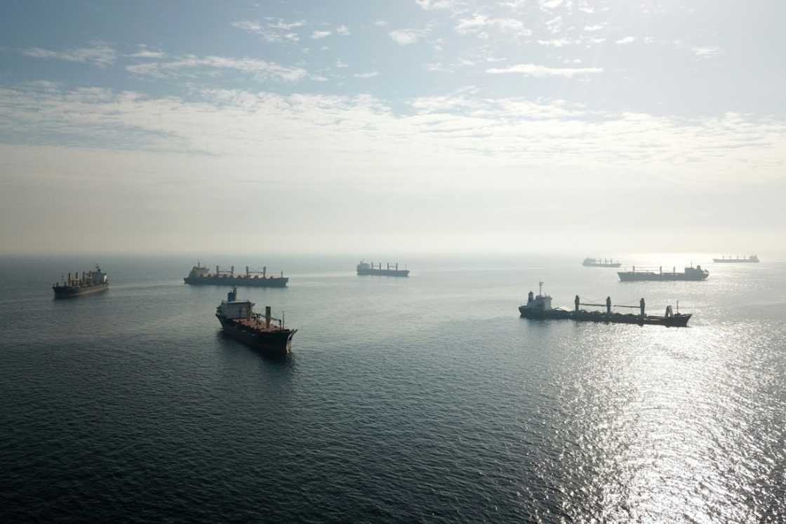 Cargo ships are seen at the southern entrance to the Bosphorus in Istanbul in October 2022